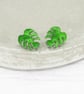 Titanium posts - Monstera leaf acrylic stud earrings - Green pearly plant - Image 4