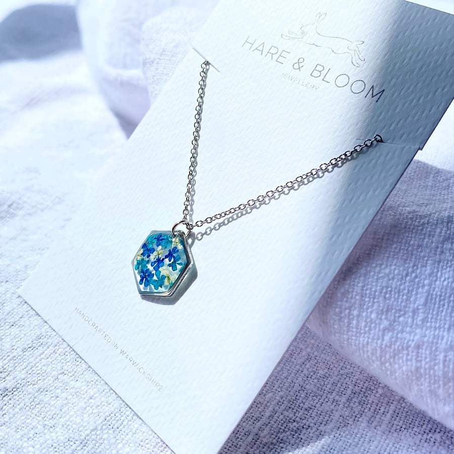 Pressed Blue and White Flower Petal Necklace in Silver