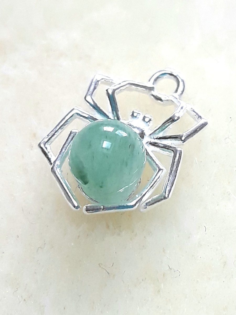 Halloween Necklace, Sterling Silver Spider Pendant and Green Aventurine Gemstone