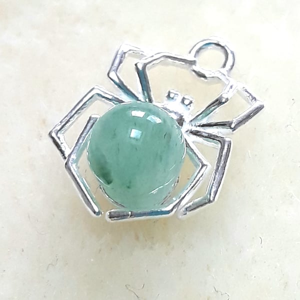Halloween Necklace, Sterling Silver Spider Pendant and Green Aventurine Gemstone