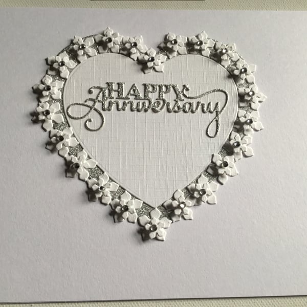 Handmade Anniversary card. Silver Anniversary card. Handmade flowers.