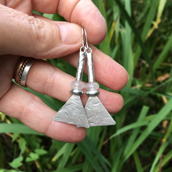 Long silver and rose quartz  tribal earrings