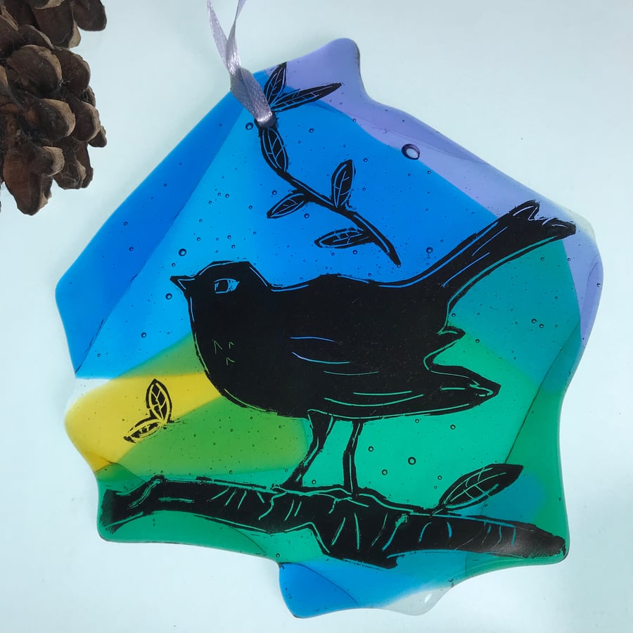 Bird on a branch, fused glass, hand painted