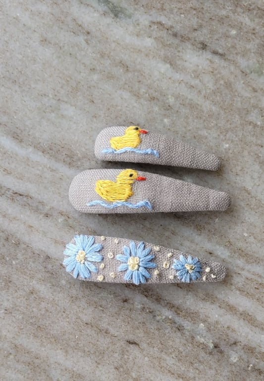 Hand embroidered hair clips, cute duckling, spring, easter chicks yellow, blue