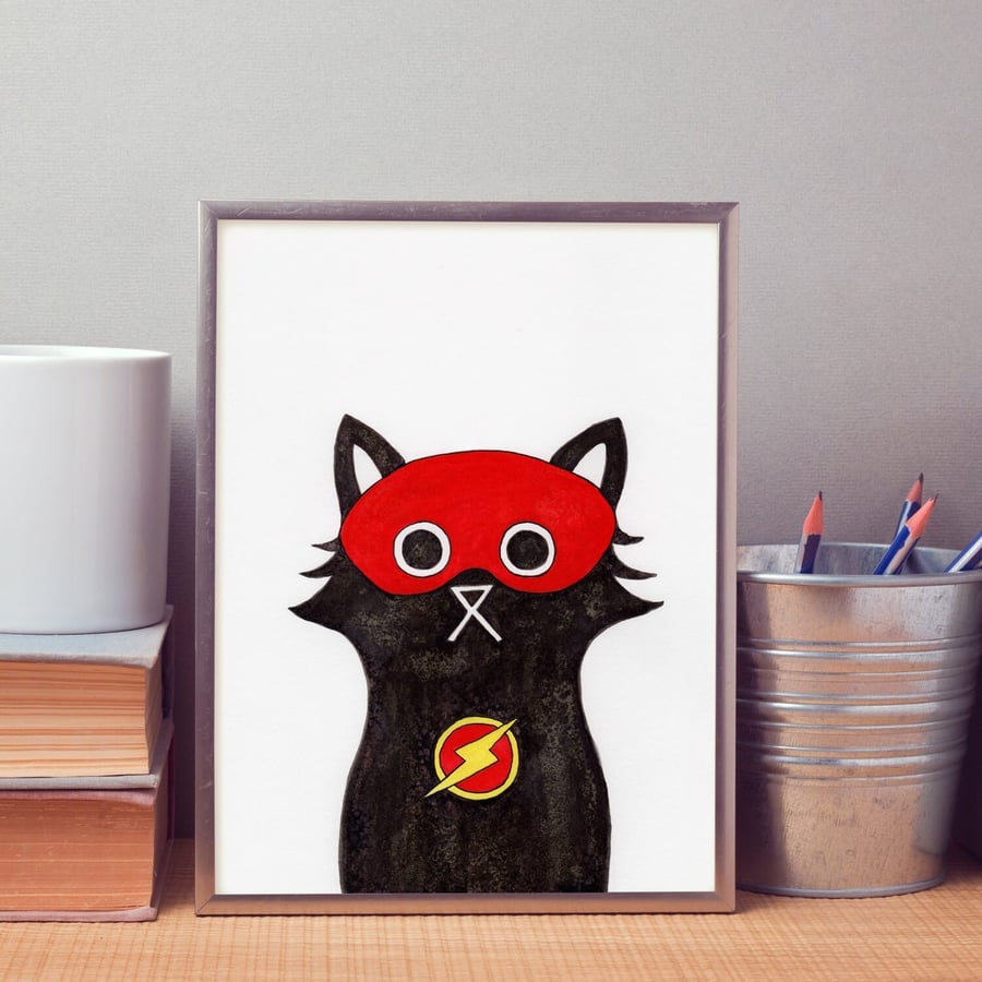 Flash Cat Wall Art Print, Superhero Print, Superhero Cat Print, A4