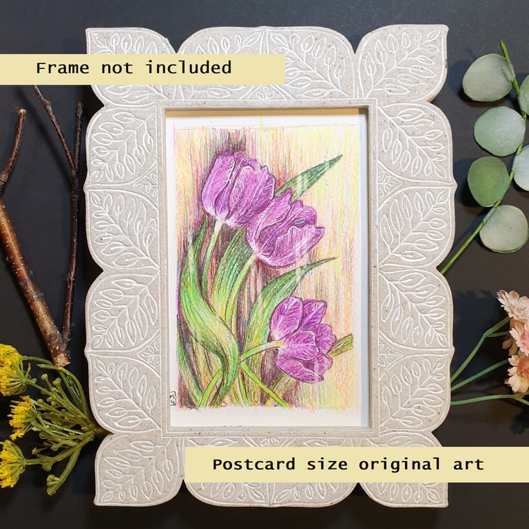 Purple tulips, small drawing, original art letterbox gift