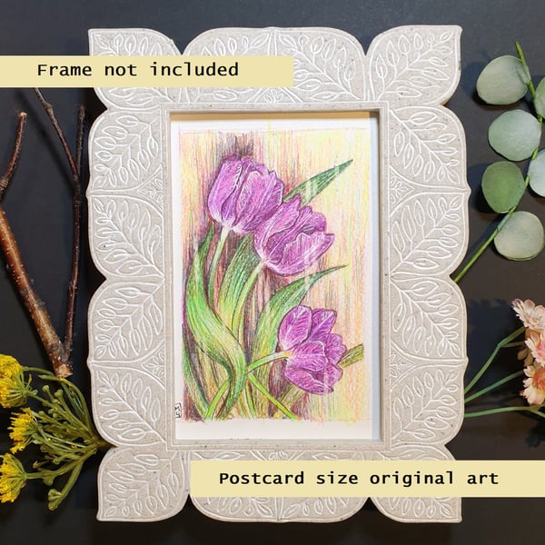 Purple tulips, small drawing, original art letterbox gift