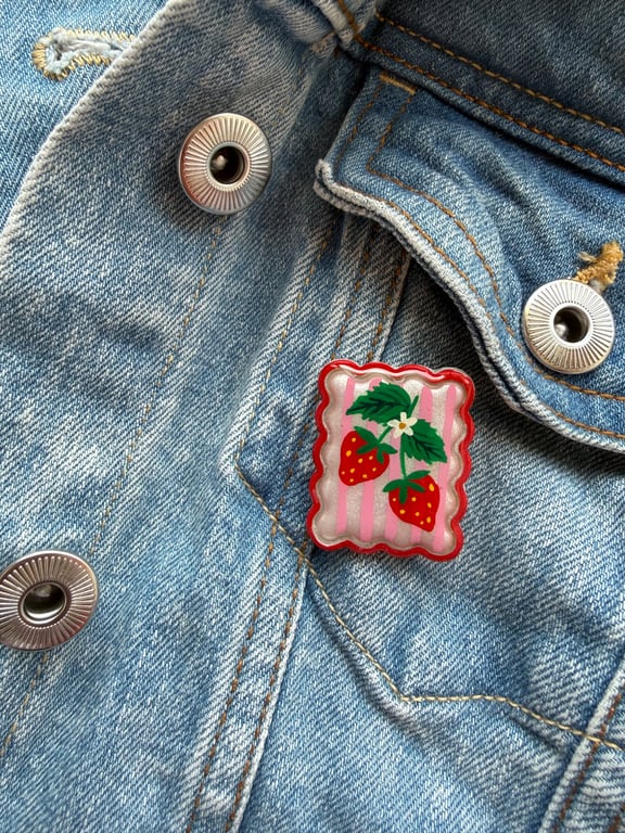 Strawberry Floral Postage Stamp Polymer Clay Pin Badge