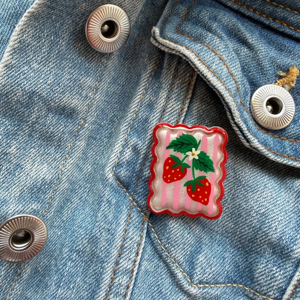 Strawberry Floral Postage Stamp Polymer Clay Pin Badge