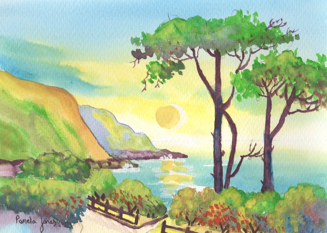 Yellow Sky, Caswell Bay, Gower, Wales - Original Watercolour in 14 x 11'' Mount