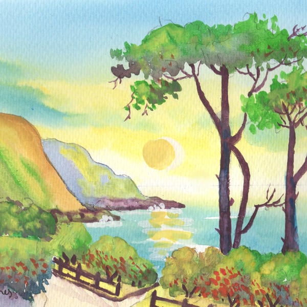 Yellow Sky, Caswell Bay, Gower, Wales - Original Watercolour in 14 x 11'' Mount