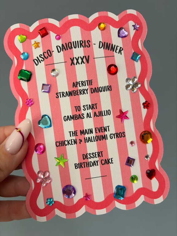 Bespoke Bedazzled Menu Cards - Personalised Party, Wedding & Hen Menus Handmade