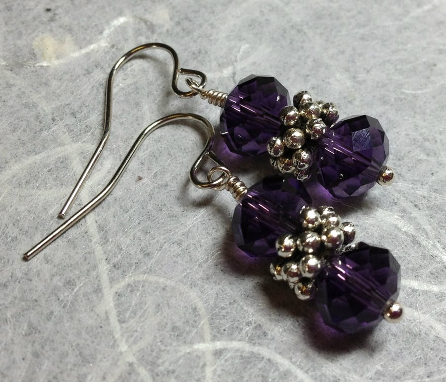 Tibetan Silver Stacked Snowflake & Purple Crystal Beaded Earrings
