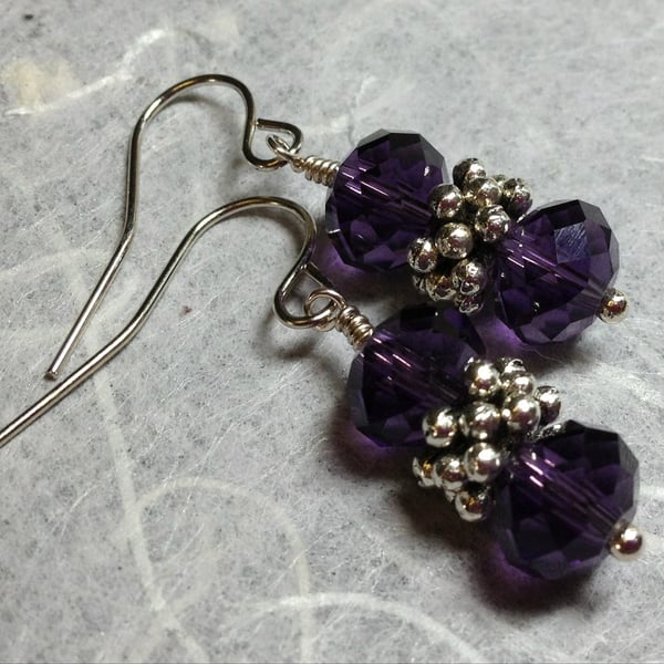 Tibetan Silver Stacked Snowflake & Purple Crystal Beaded Earrings