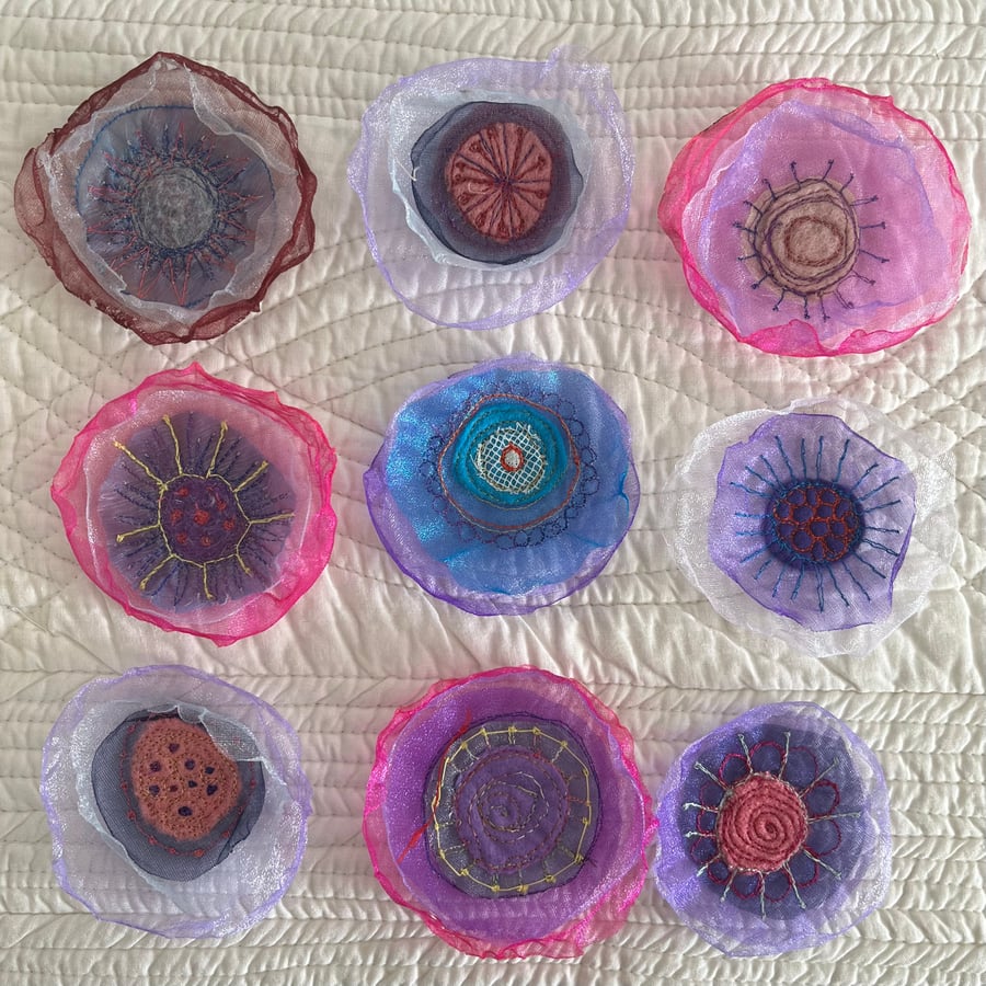Nine Organza Embroidered Flower Embellishments 