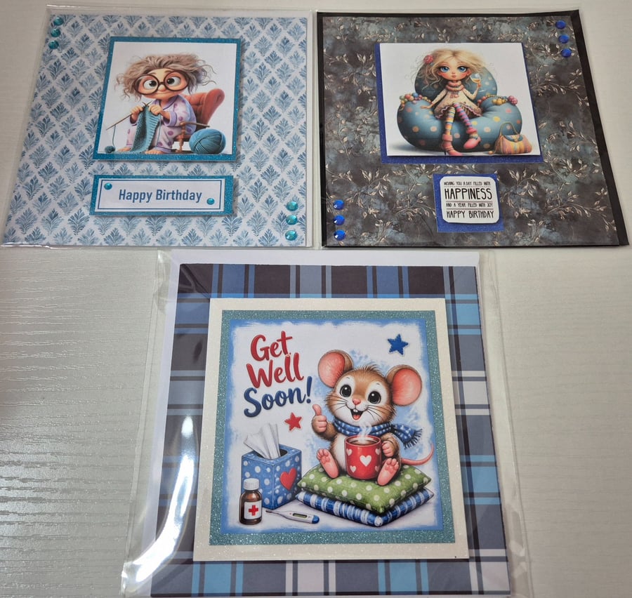Handmade Greeting Cards Bundle - Set of 3 mixed Greetings Cards