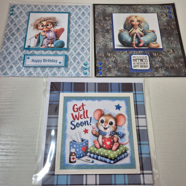 Handmade Greeting Cards Bundle - Set of 3 mixed Greetings Cards