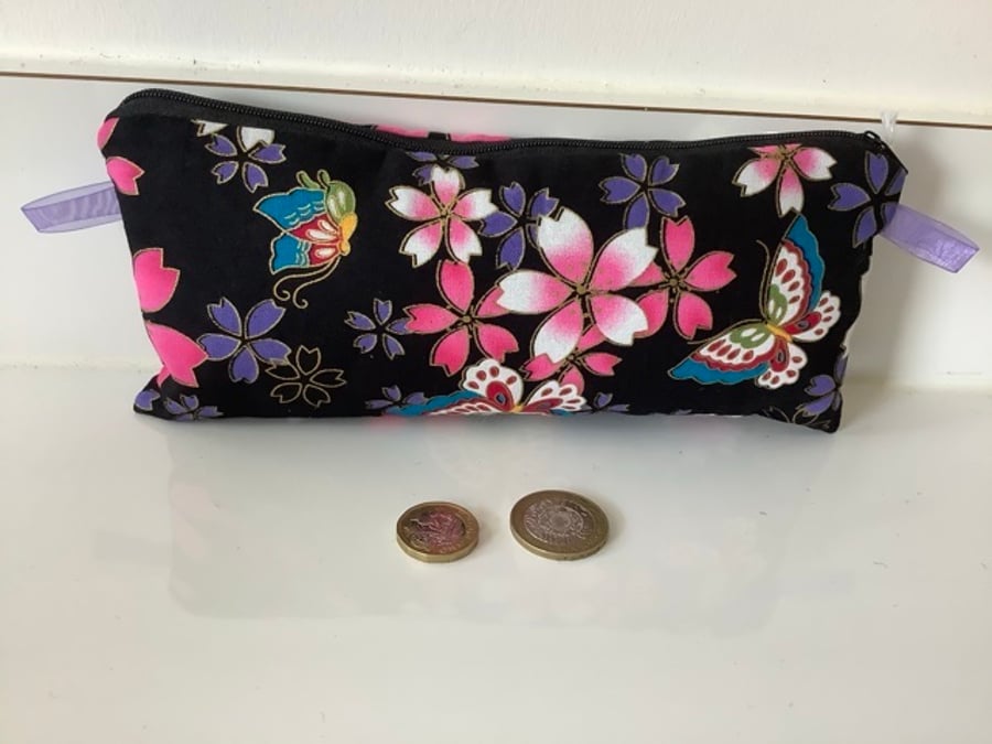 Black with Pink Flowers and Blue Butterflies pencil case, Cotton Bag  ,Zip pouch