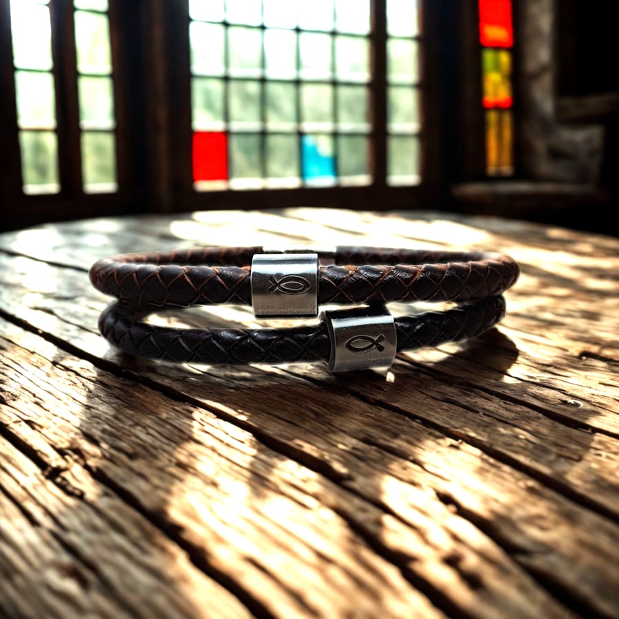 Hand Stamped Christian Fish Leather Bracelet - Gift Boxed - Free Delivery