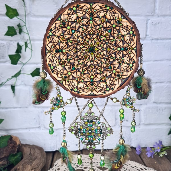 Emerald Moss - Log slice pyrography dream catcher