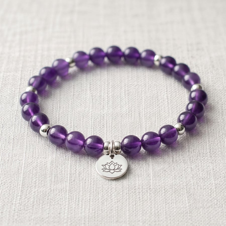 Amethyst Crystal Bracelet, Calming & Sleep, Personalised Engraved Gift