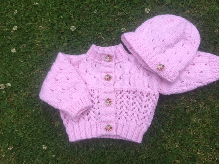 Pink cardigan and hat set for baby girl