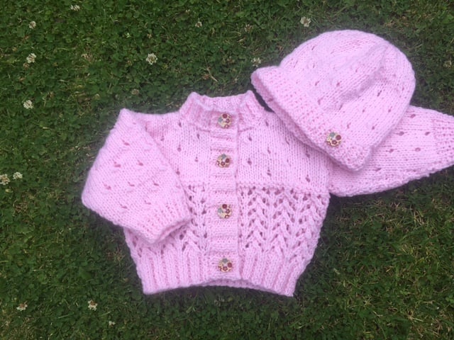 Pink cardigan and hat set for baby girl