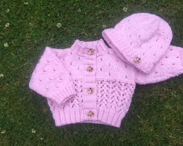 Pink cardigan and hat set for baby girl