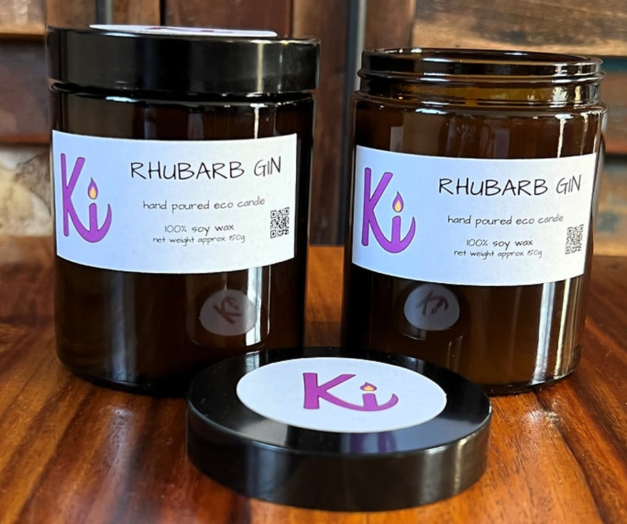Rhubarb Gin scented soy candle in an apothecary jar