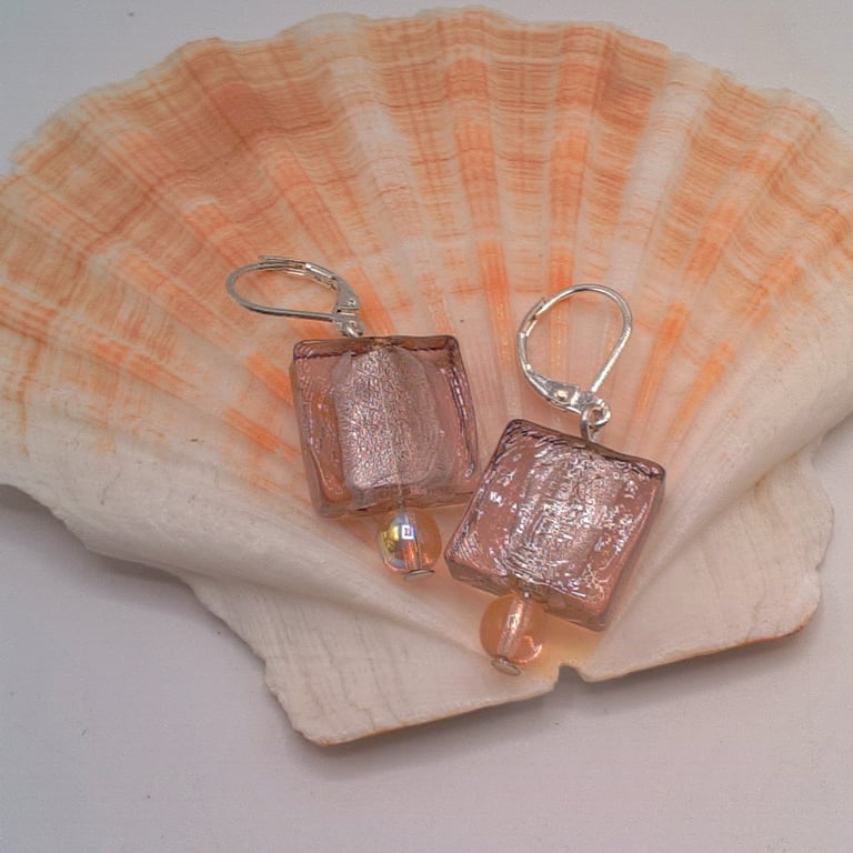 Pale Lilac Square Bead Earrings, Lilac Earrings, Gift for Her, Square Earrings