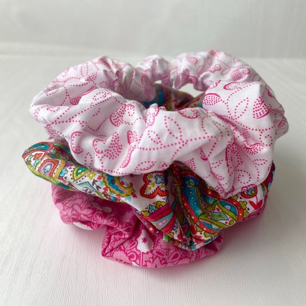 Pink Hair Scrunchies in Floral and Paisley Patterns x3