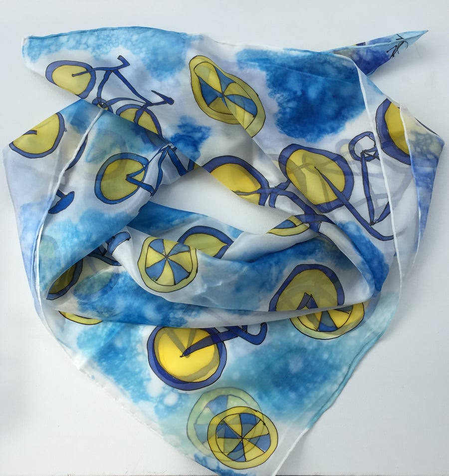 Blue and Yellow Bicycles hand painted silk scarf 