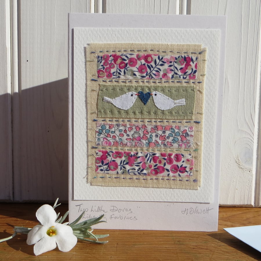 Two Little Doves hand-stitched miniature textile on card, pretty Liberty fabrics