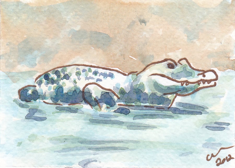 ACEO Animal Art Caiman Original Watercolour and Ink Painting OOAK Crocodile