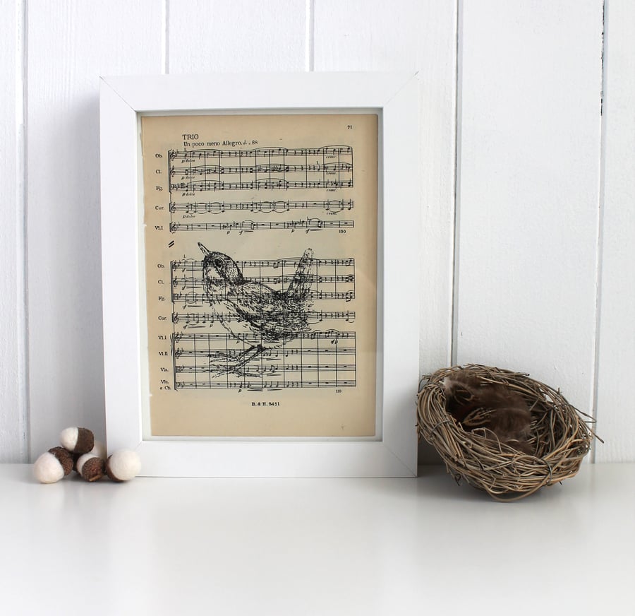 Standing Wren Gocco Print, Bird Print on Vintage Sheet Music British Bird