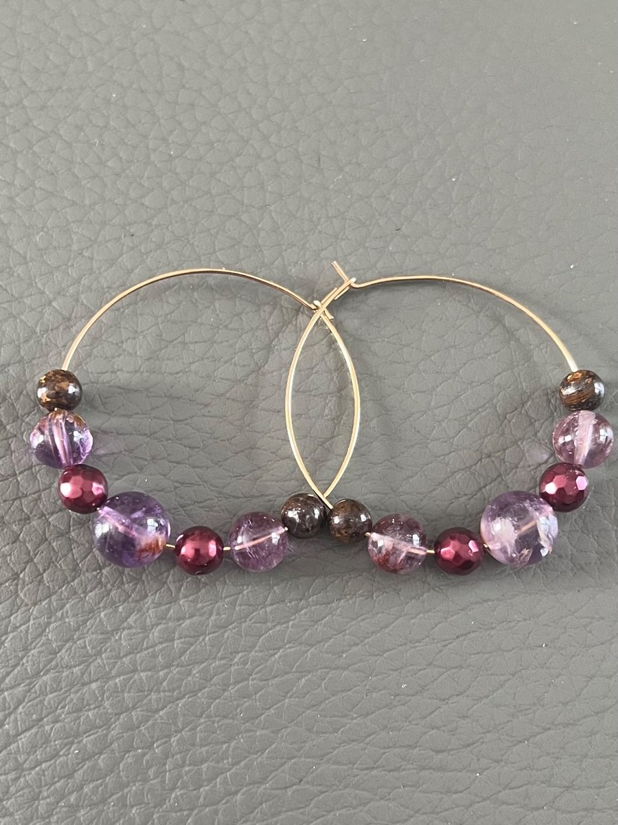 Handmade Gold Hoop Earrings with Amethyst 