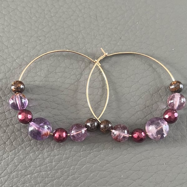 Handmade Gold Hoop Earrings with Amethyst 