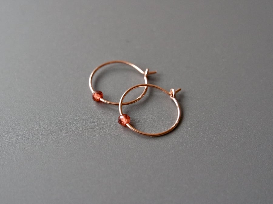 Rose Gold Filled Hoops - Garnet red, burgundy, birthstone, January