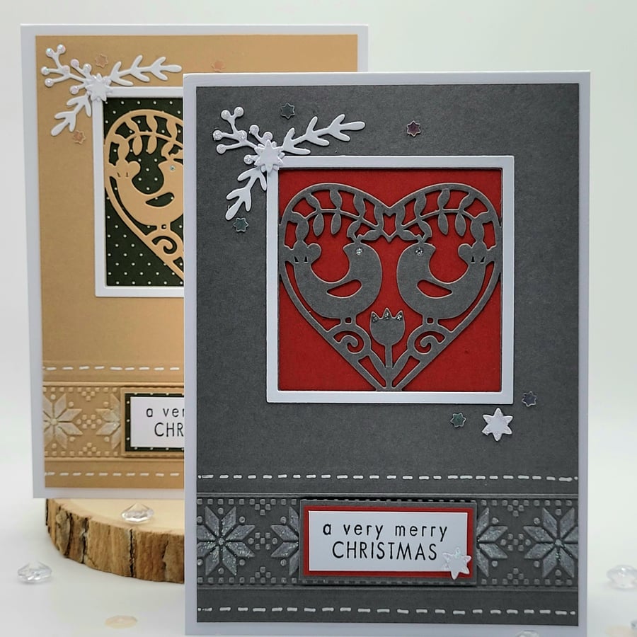 Nordic Birds Christmas Card Set - 2 handmade cards