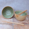 Rice bowl with chopsticks handthrown in porcelain and stoneware ceramic pottery