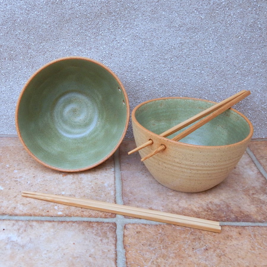 Pair of noodle or rice serving bowls hand thrown in stoneware ceramic pottery