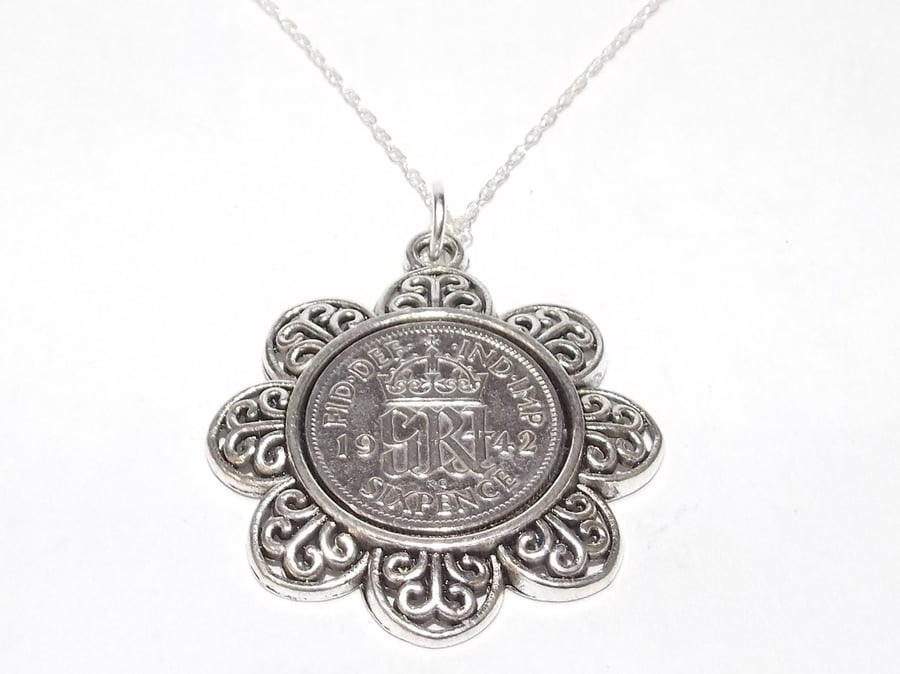 Floral Pendant 1942 Lucky sixpence 82nd Birthday plus a Sterling Silver 18in Cha