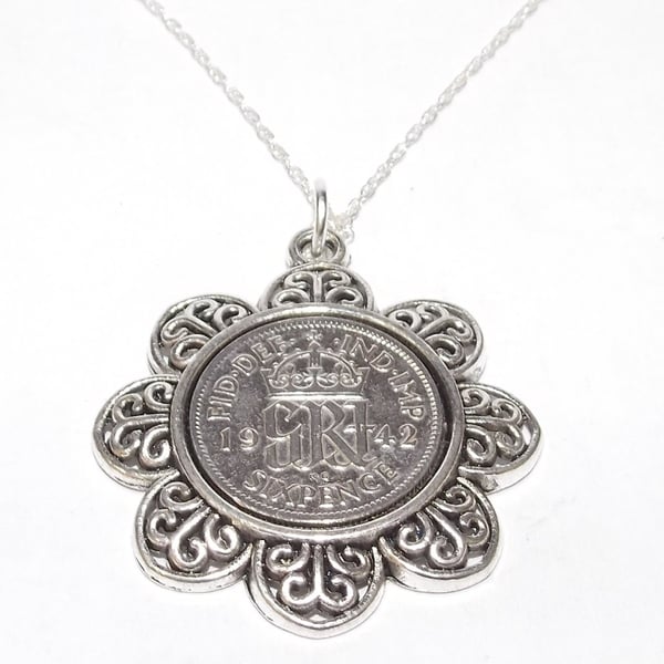 Floral Pendant 1942 Lucky sixpence 82nd Birthday plus a Sterling Silver 18in Cha