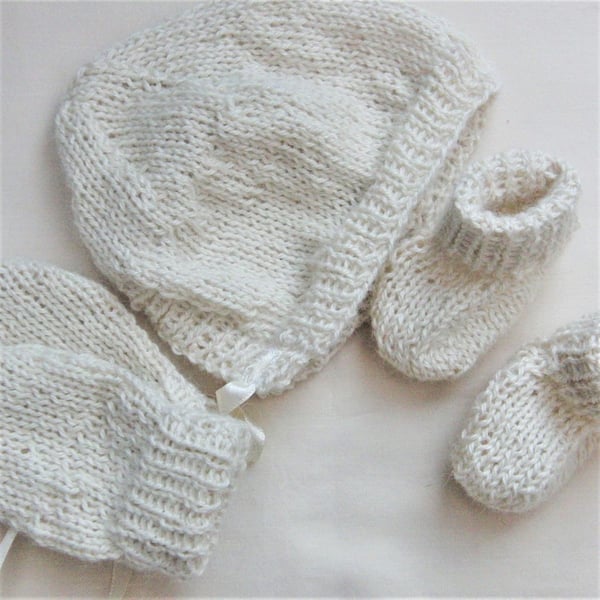 Classic Bonnet Mittens and Boots Set for Baby, Baby Shower Gift, New Baby Gift