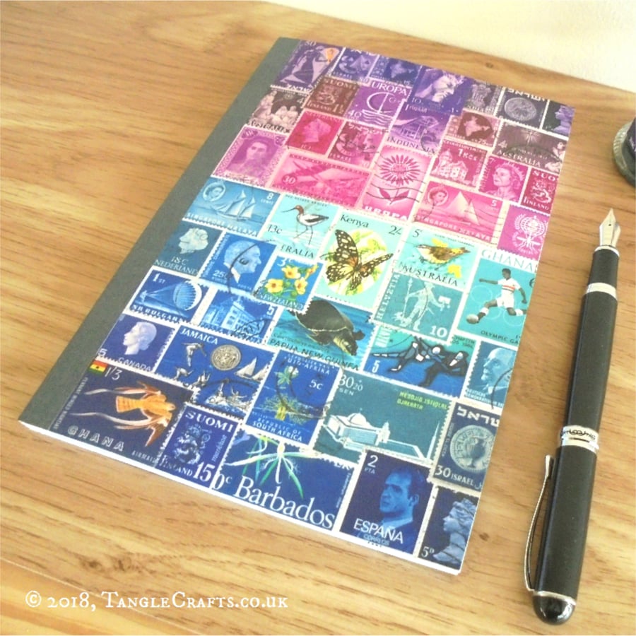 Purple Blue Postage Stamp Journal - A5 Undated Diary, Any Year Planner Notebook