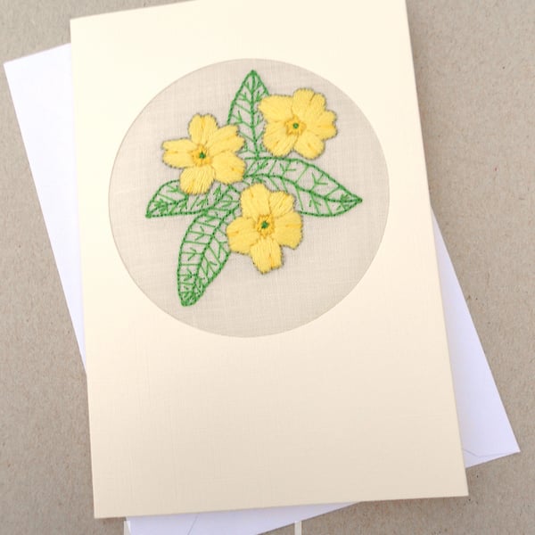 Embroidered Primrose Card. For February Birthday. Mothers Day. Easter!