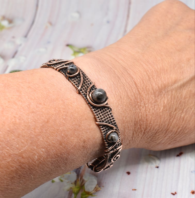 Lavakite and Copper Wire Wrapped and Woven Cuff Style Bracelet