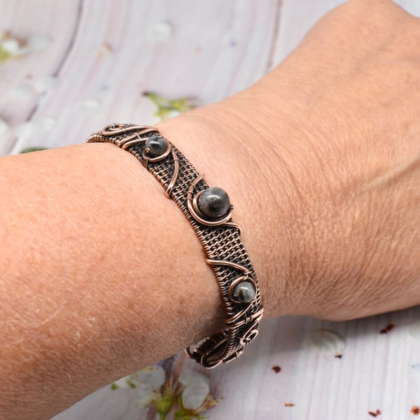 Lavakite and Copper Wire Wrapped and Woven Cuff Style Bracelet