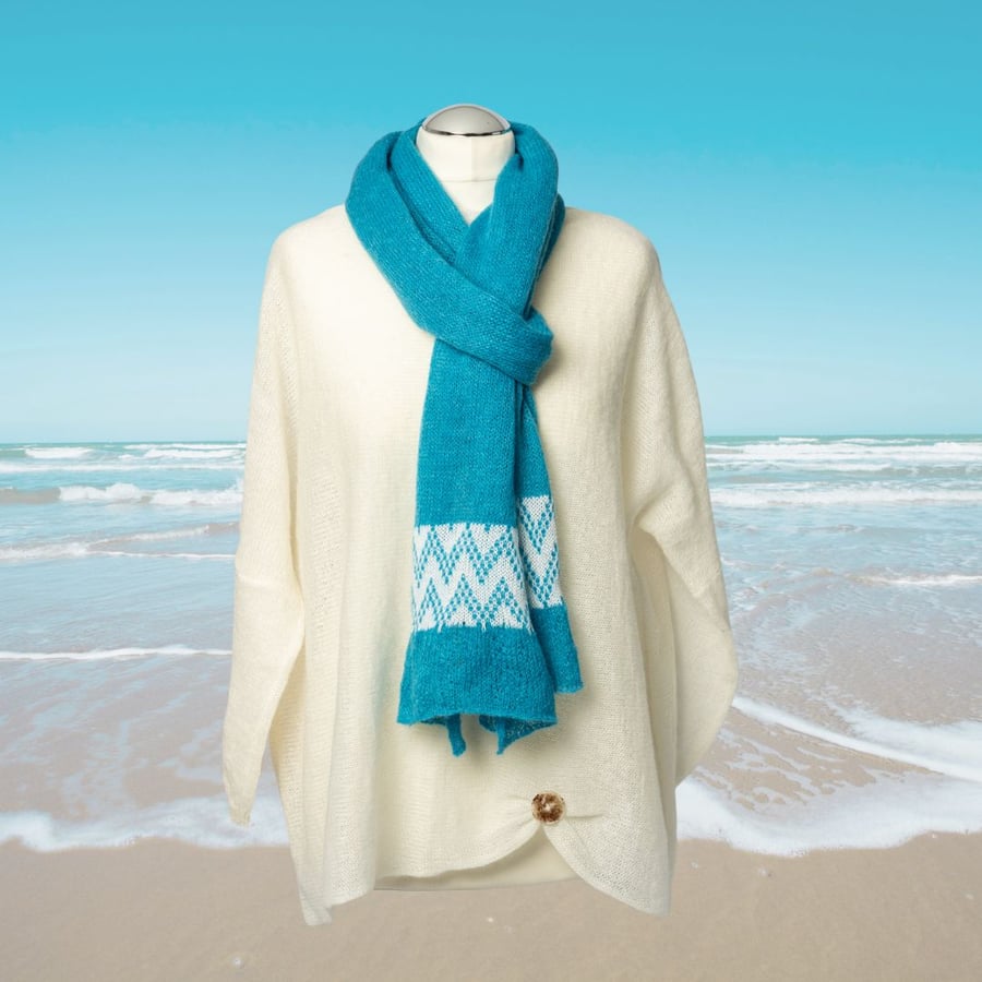 Seashore supersoft lightweight scarf in turquoise. Womens long scarf in kidmohai