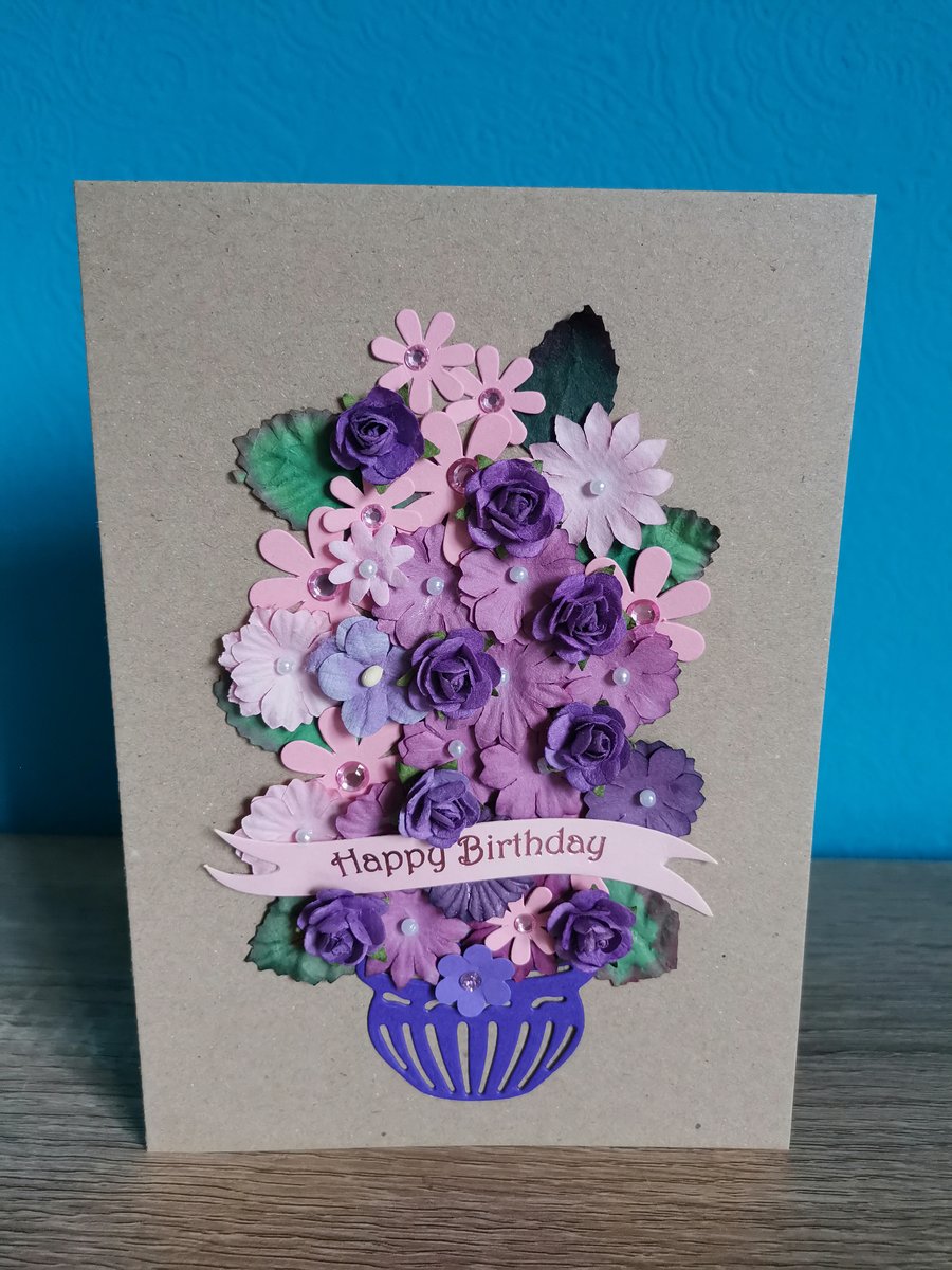 Pink and purple luxury handmade birthday flowers keepsake boxed greeting card - 